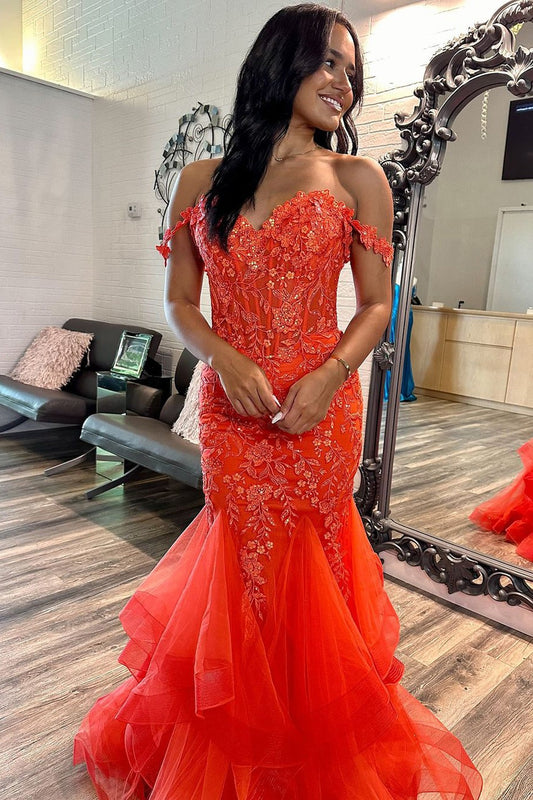 Off the Shoulder Orange Lace Mermaid Long Prom Dresses