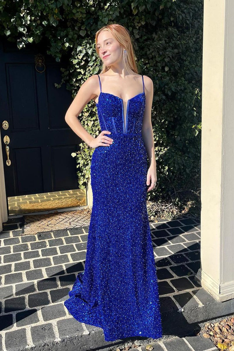 Royal Blue Sequins Spaghetti Straps Mermaid Long Prom Dresses