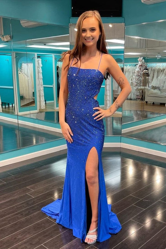 Mermaid Straps Royal Blue Satin Long Prom Dresses