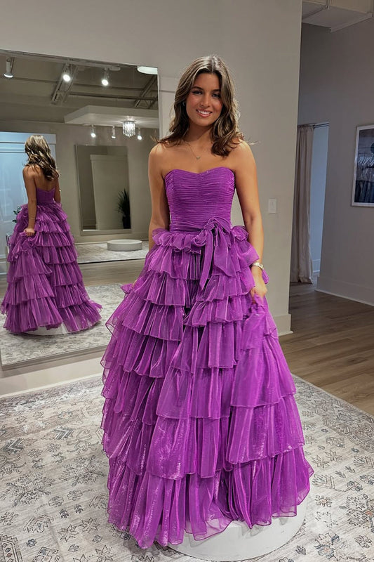 Sweetheart Ball Gown Purple Tiered Prom Dresses