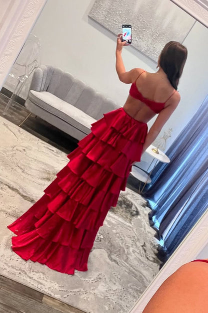 Charming A Line V Neck Red Satin Slit Tiered Prom Dresses