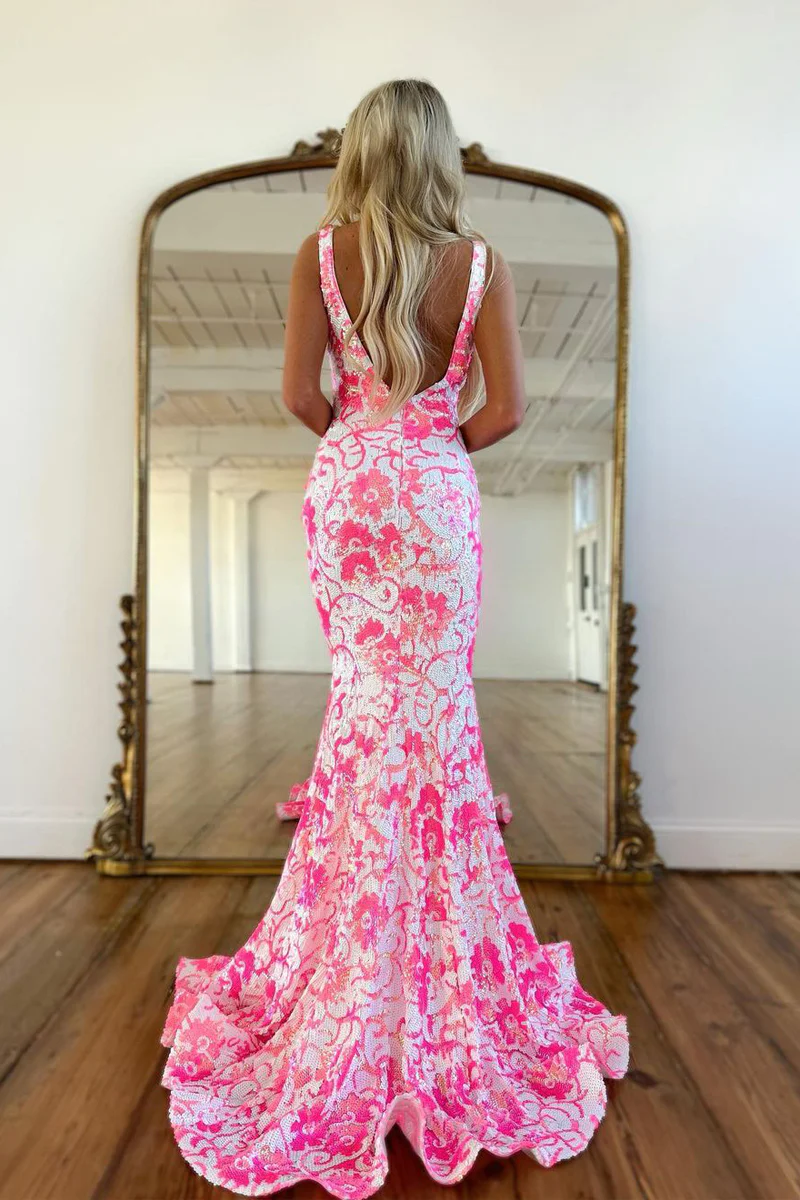 Pink Mermaid V Neck Sequin Lace Prom Dresses