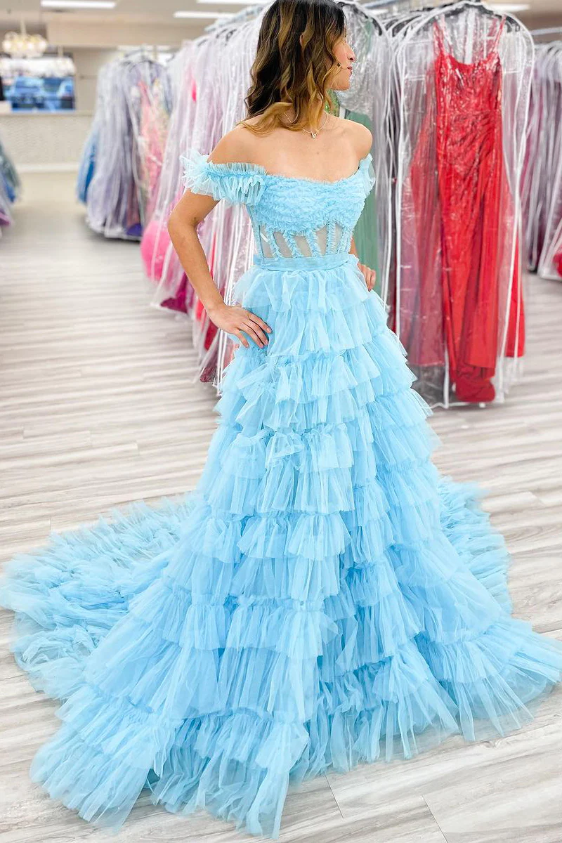 Light Blue Off the Shoulder Ruffle Tiered Long Prom Dresses