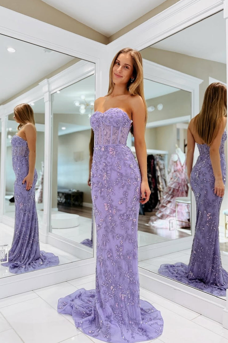 Beaded Mermaid Sweetheart Light Purple Lace Prom dresses