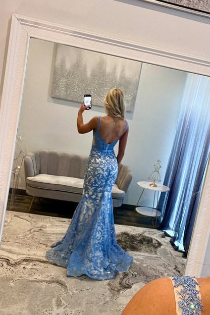 Gorgeous Mermaid Scoop Neck Blue Lace Prom Dresses