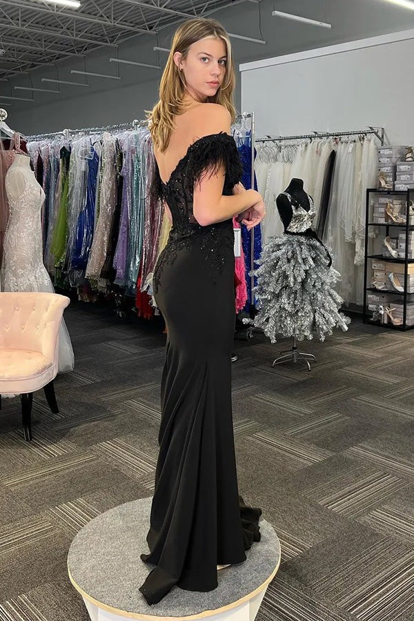 Off the Shoulder Black Mermaid Lace Slit Prom Dresses