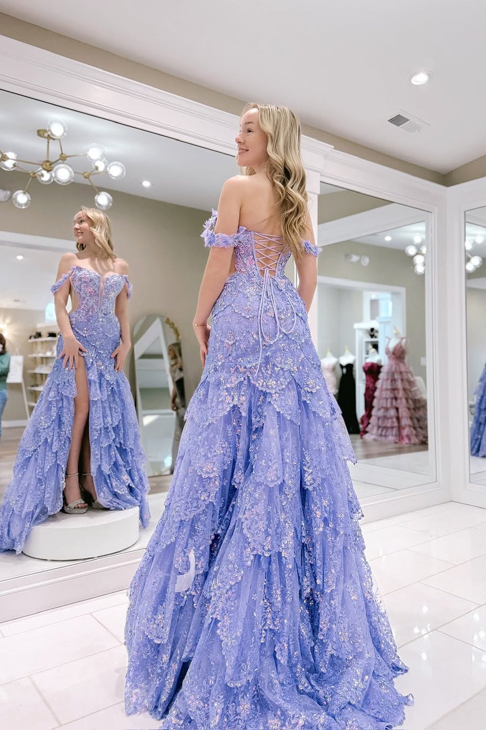 A-Line Off the Shoulder Lavender Sequin Lace Ruffle Tiered Long Prom Dresses