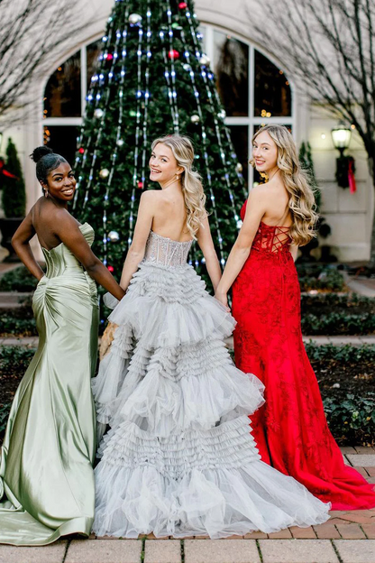 Light Grey Long Sweetheart Ruffle Tiered Prom Dresses