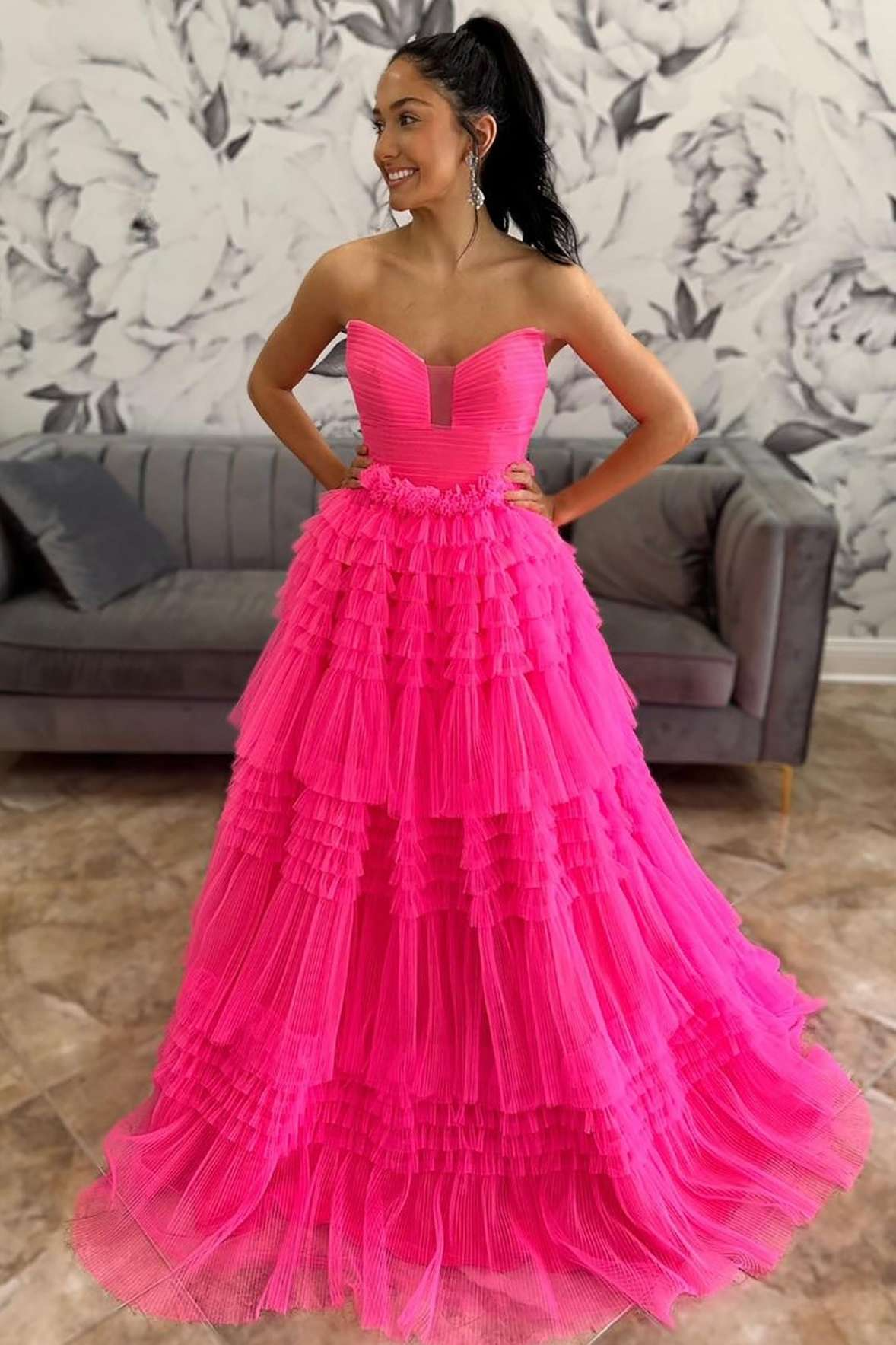 Hot Pink A-Line Strapless Tiered Tulle Prom Dresses