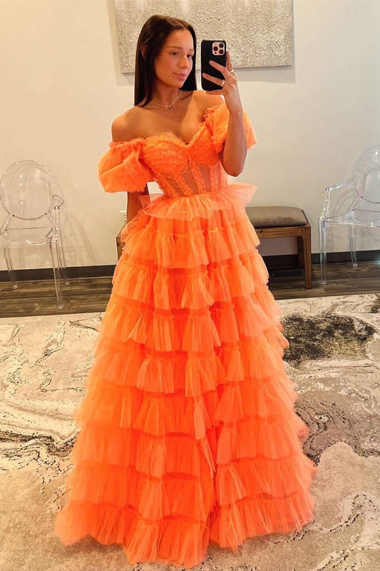 Ball Gown Orange Tulle Strapless Tiered Prom Dresses