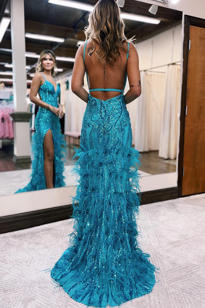 Jade Sequin Lace V Neck Mermaid Prom Dresses