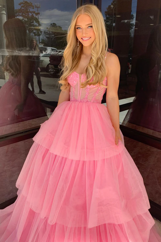 Cute A-Line Pink Tiered Tulle Long Prom Dresses