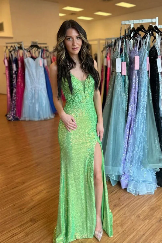 Cute Mermaid V Neck Green Sequin Mermaid Long Prom Dresses