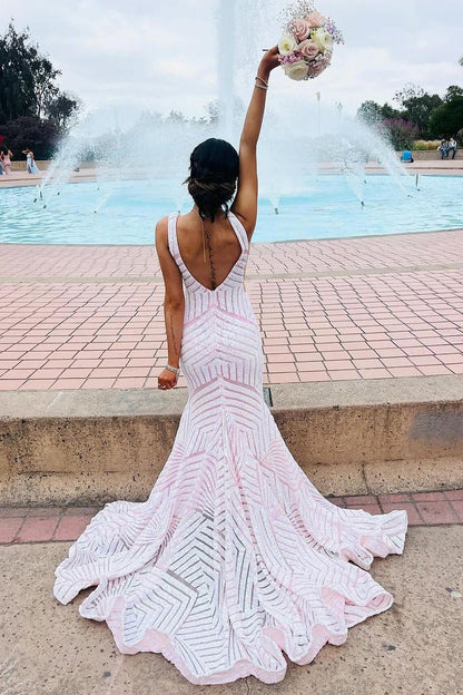 Light Pink Sequins V Neck Mermaid Long Prom Dresses