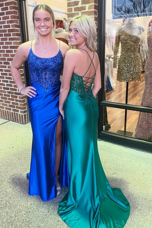 Royal Blue Mermaid Appliques Scoop Neck Long Formal Dresses