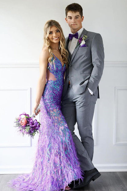 V Neck Purple Sequins Mermaid Long Prom Dresses,BD93387