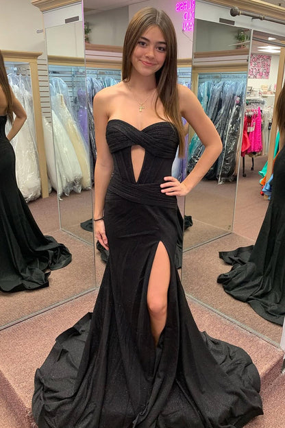 Mermaid Keyhole Black Satin Slit Long Prom Dresses