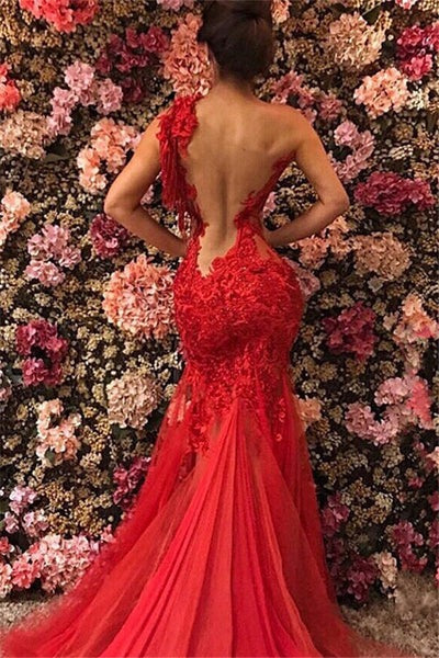 Chic one-shoulder appliquéd tulle beaded mermaid floor-length Prom Dresses