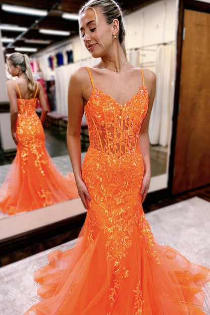 Mermaid Tulle V Neck Straps Orange Sequins with Long Prom Dresses