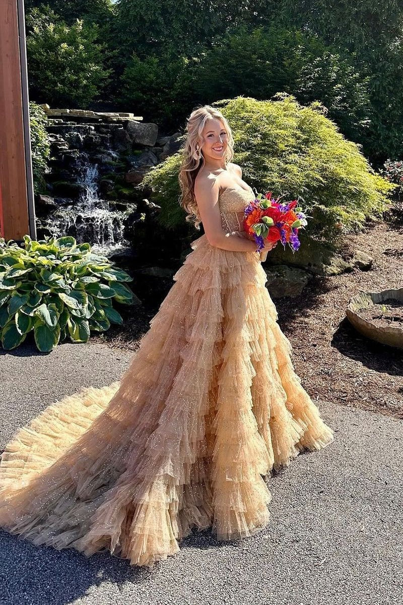 Elegant Ball Gown Long Strapless Gold Ruffle Tiered Tulle Prom Dresses