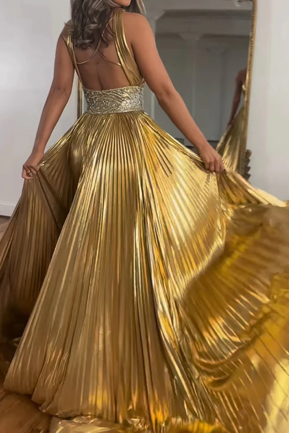 Glitter Golden Beaded Metallic Long A-Line Prom Dresses