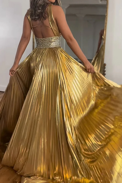 Glitter Golden Beaded Metallic Long A-Line Prom Dresses,BD93137