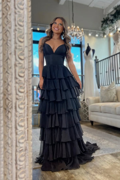 A-Line V Neck Black Satin Ruffle Tiered Long Prom Dresses