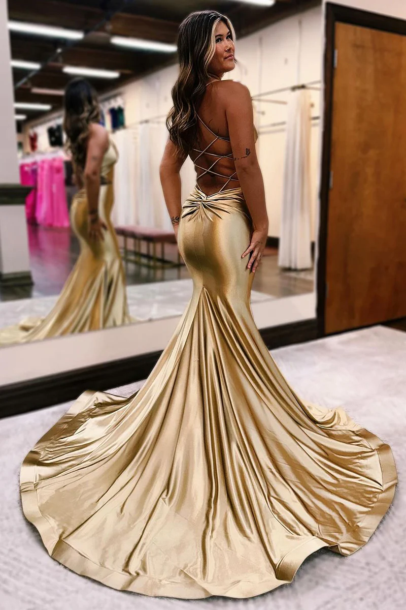 Mermaid Golden Satin V Neck Prom Dresses,BD93103