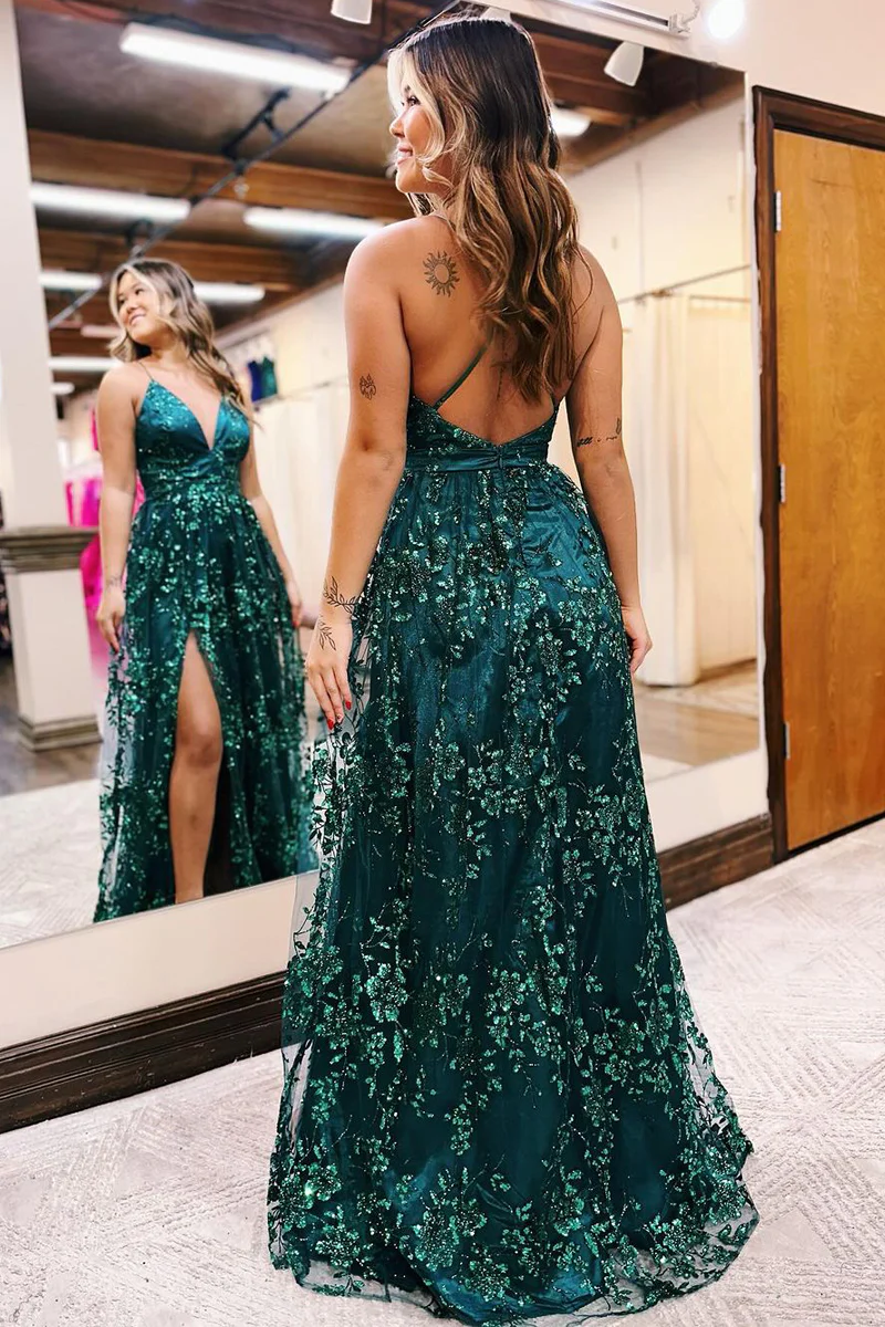 Dark Green Sequin Lace V Neck Long Prom Dresses,BD93211