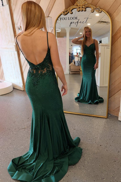 Mermaid V Neck Dark Green Beading Prom Dresses