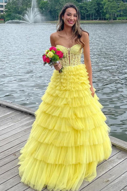 Yellow Strapless Ruffle Tiered Tulle Long Prom Dresses