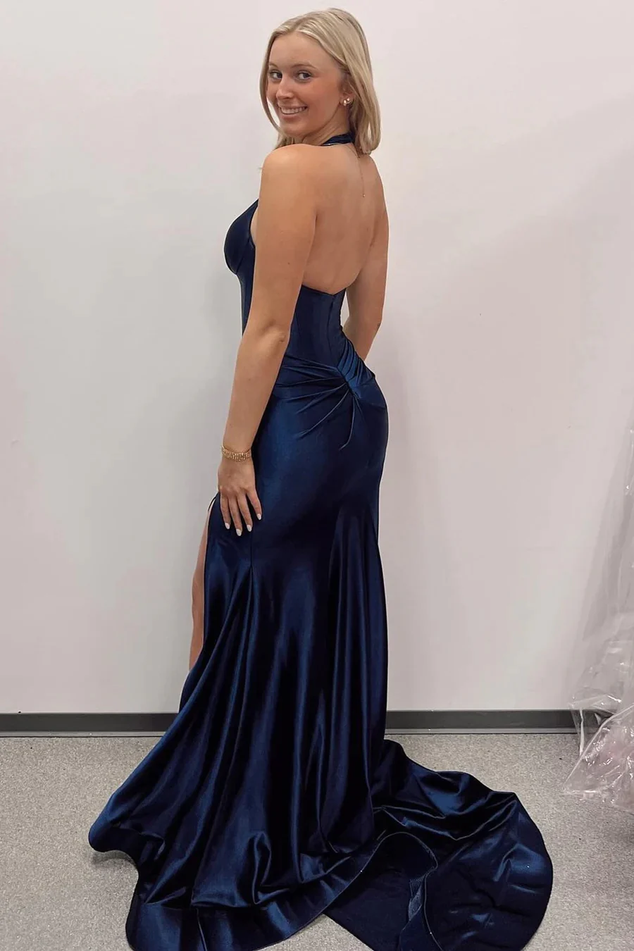 Navy Halter Mermaid Long Prom Dresses