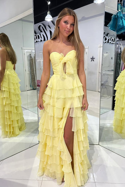 Elegant A Line Keyhole Yellow Chiffon Tiered Sweetheart Prom Dresses