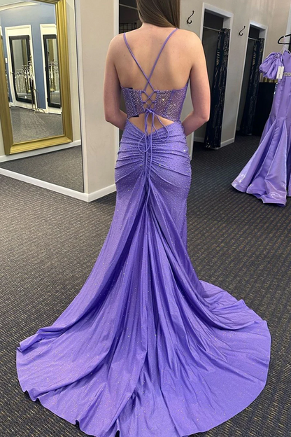 Mermaid V Neck Lavender Beaded Long Prom Dresses