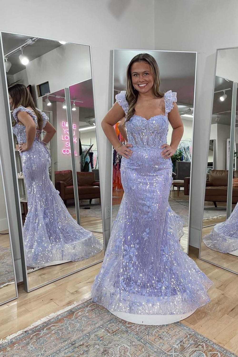 Mermaid Off the Shoulder Lavender Sequin Lace Prom Dresses