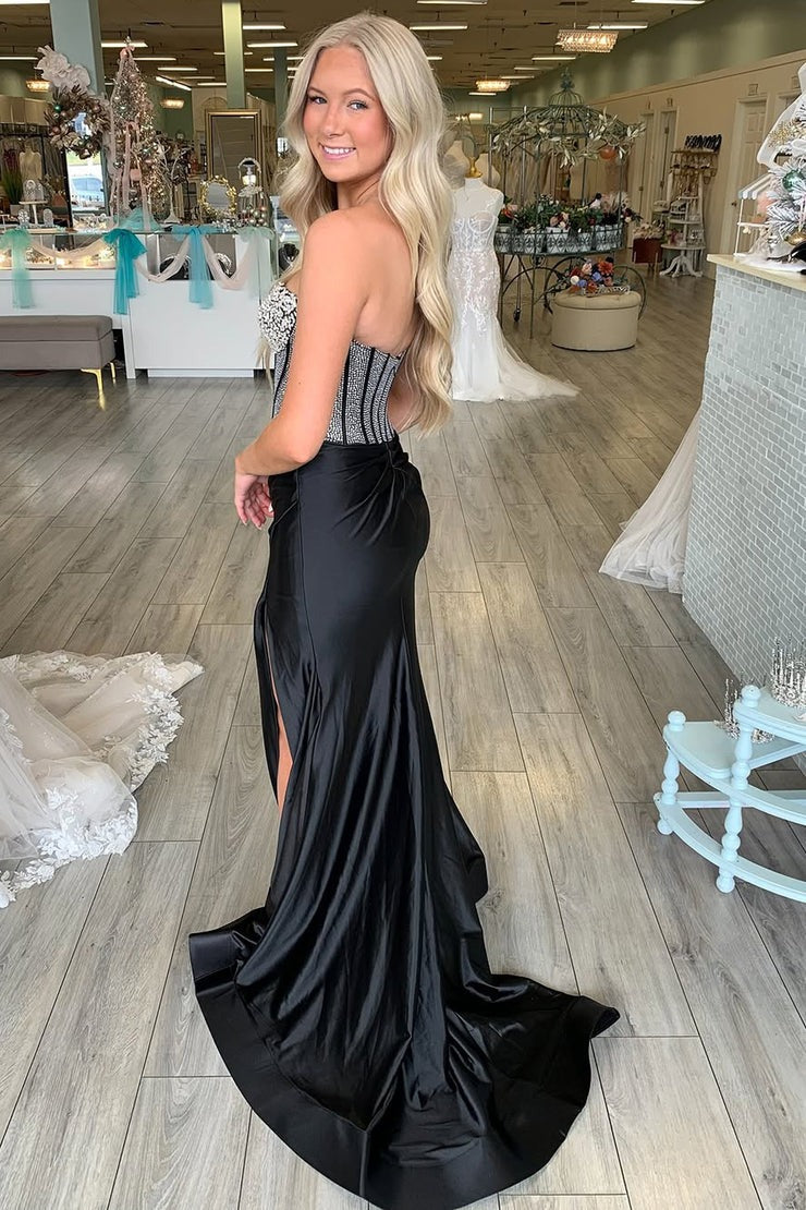 Mermaid V Neck Black Satin Long Prom Dresses