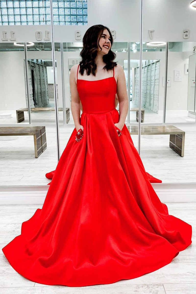 Red Scoop Neck Satin A-Line Prom Dresses