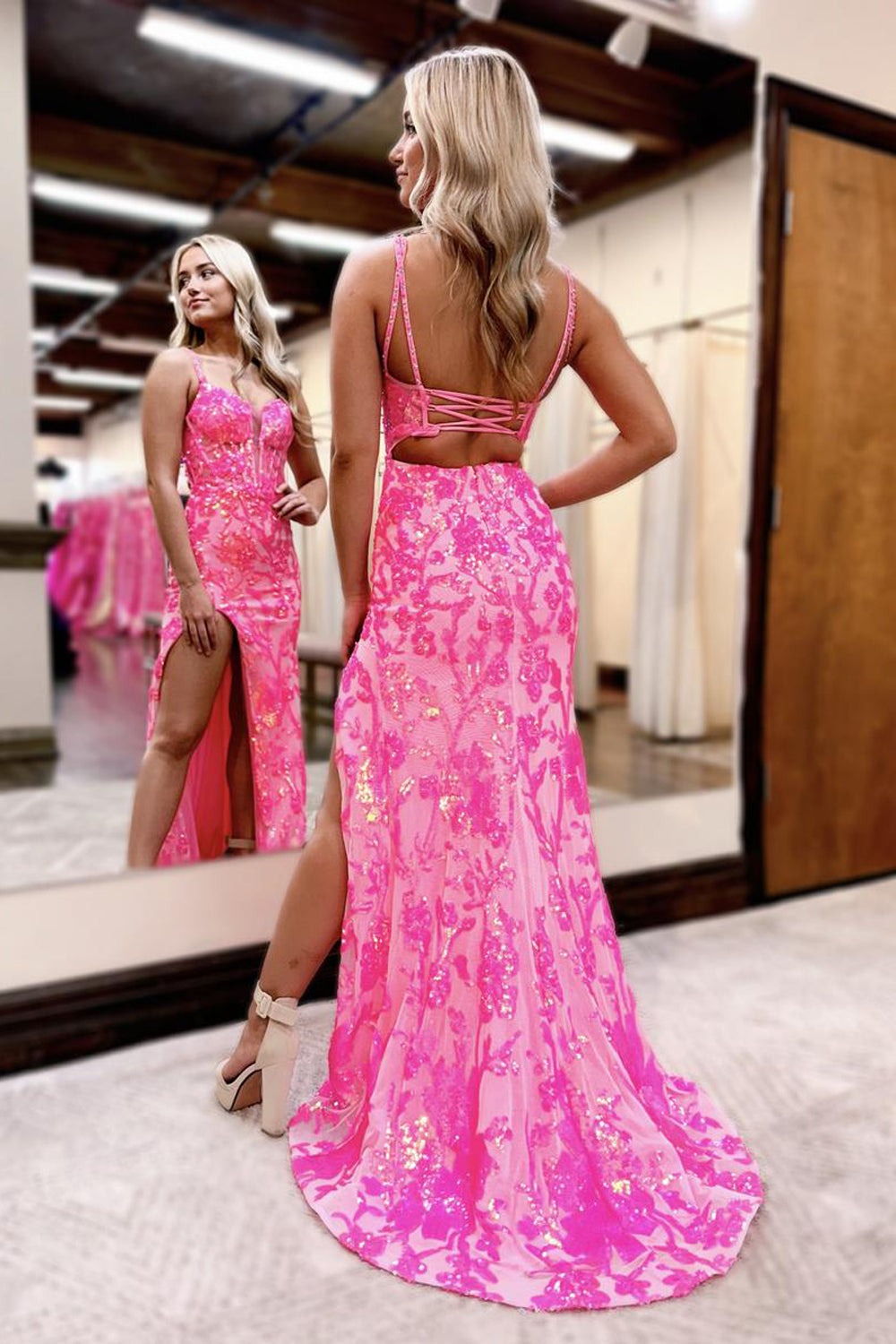 V Neck Pink Sequins Lace Mermaid Slit Prom Dresses