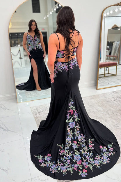 Mermaid V Neck Black Satin Embroidery Long Prom Dresses