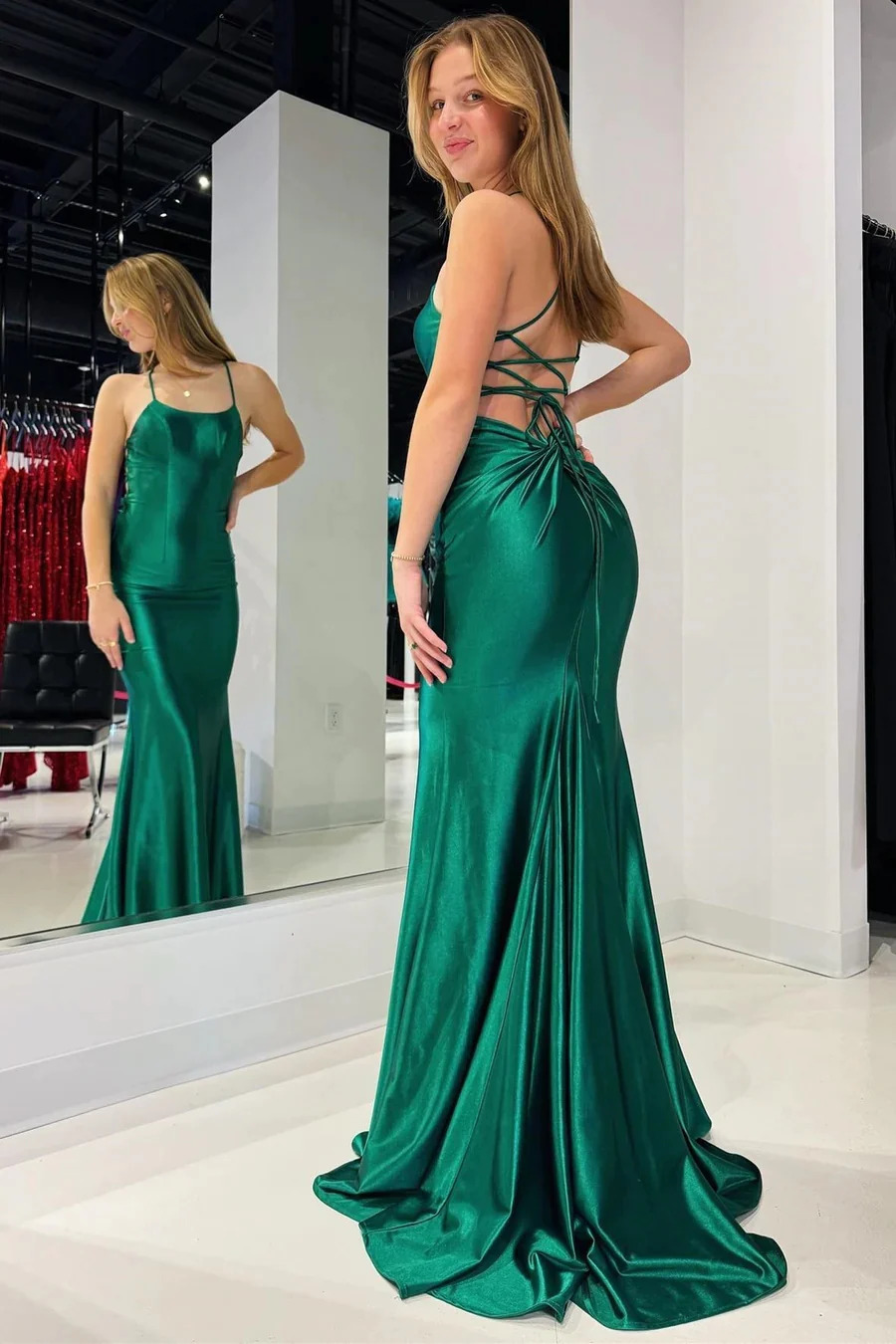 Emerald Scoop Neck Lace-Up Mermaid Long Prom dresses