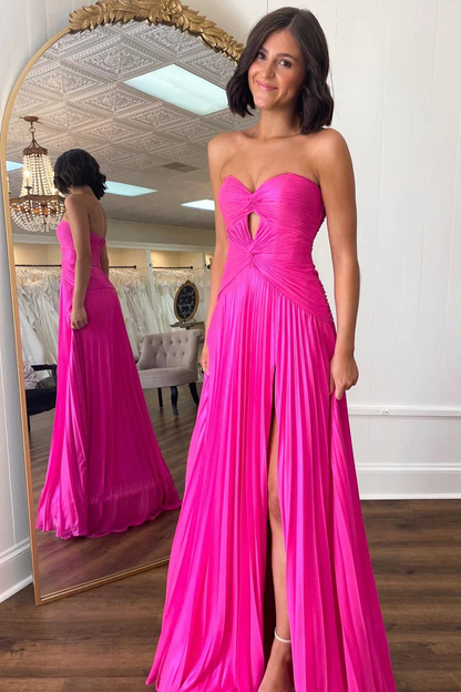 Hot Pink Strapless Keyhole Pleated A-Line Prom Dresses