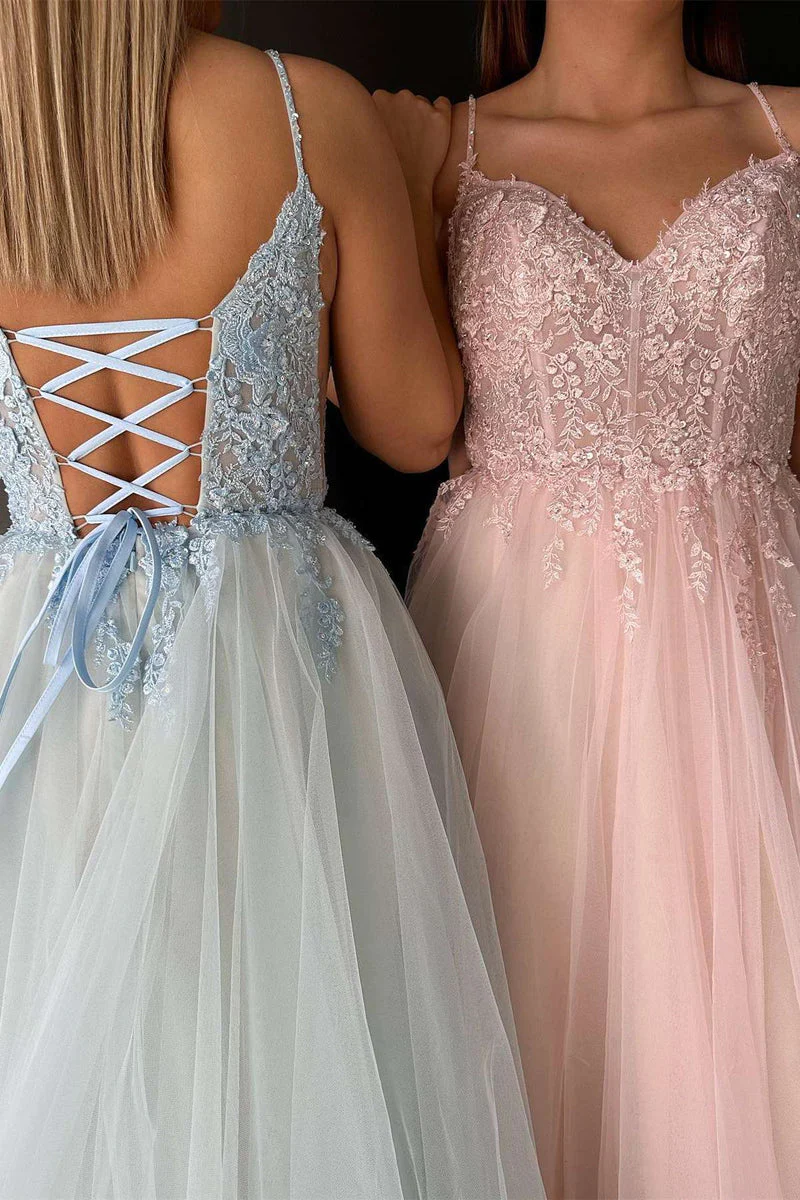 V-Neck Lace-Up Appliques A-Line Tulle Prom Dresses