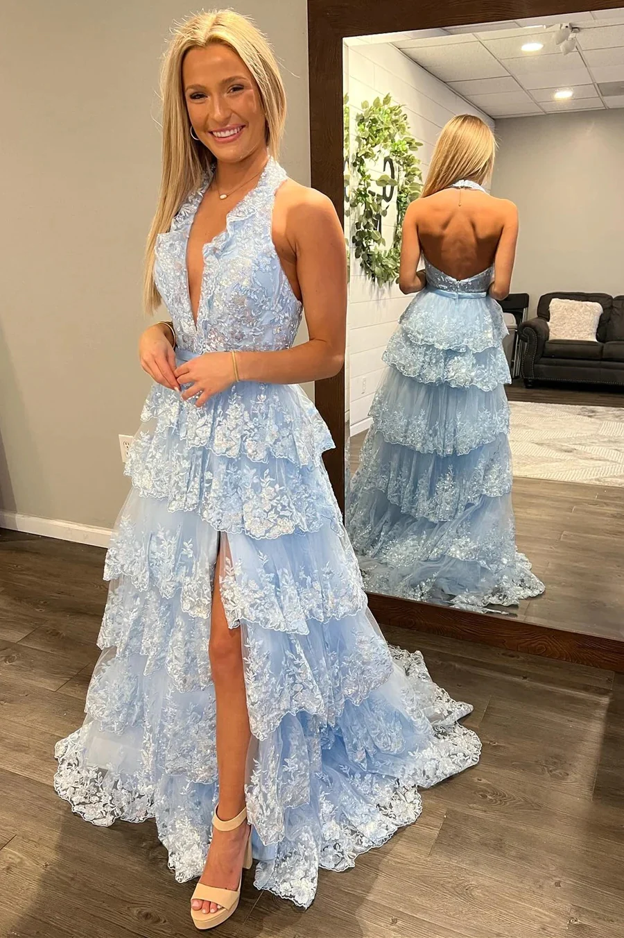 Light Blue Tulle Appliques Halter Ruffle Tiered Long Prom Dresses,BD93125