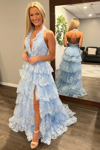 Light Blue Tulle Appliques Halter Ruffle Tiered Long Prom Dresses,BD93125