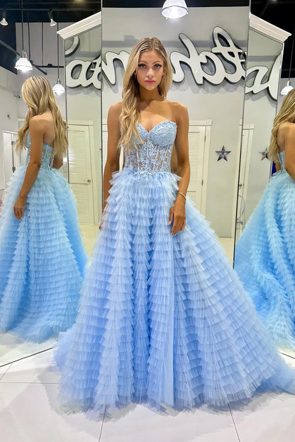 Light Blue Sweetheart Tiered Tulle Long Prom Dresses,BD93198