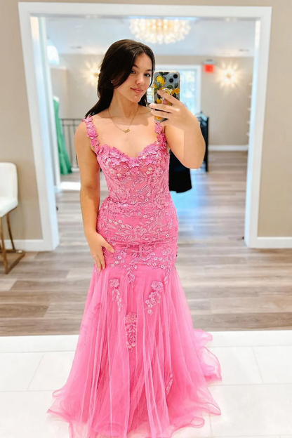 Pink Mermaid Off the Shoulder Tulle Long Prom Dress with Appliques