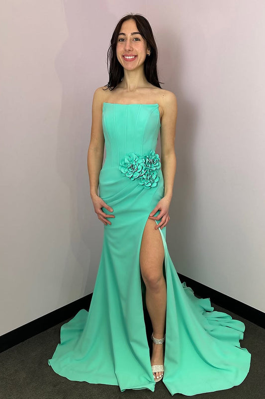 Mermaid Strapless Mint Satin Long Prom Dresses