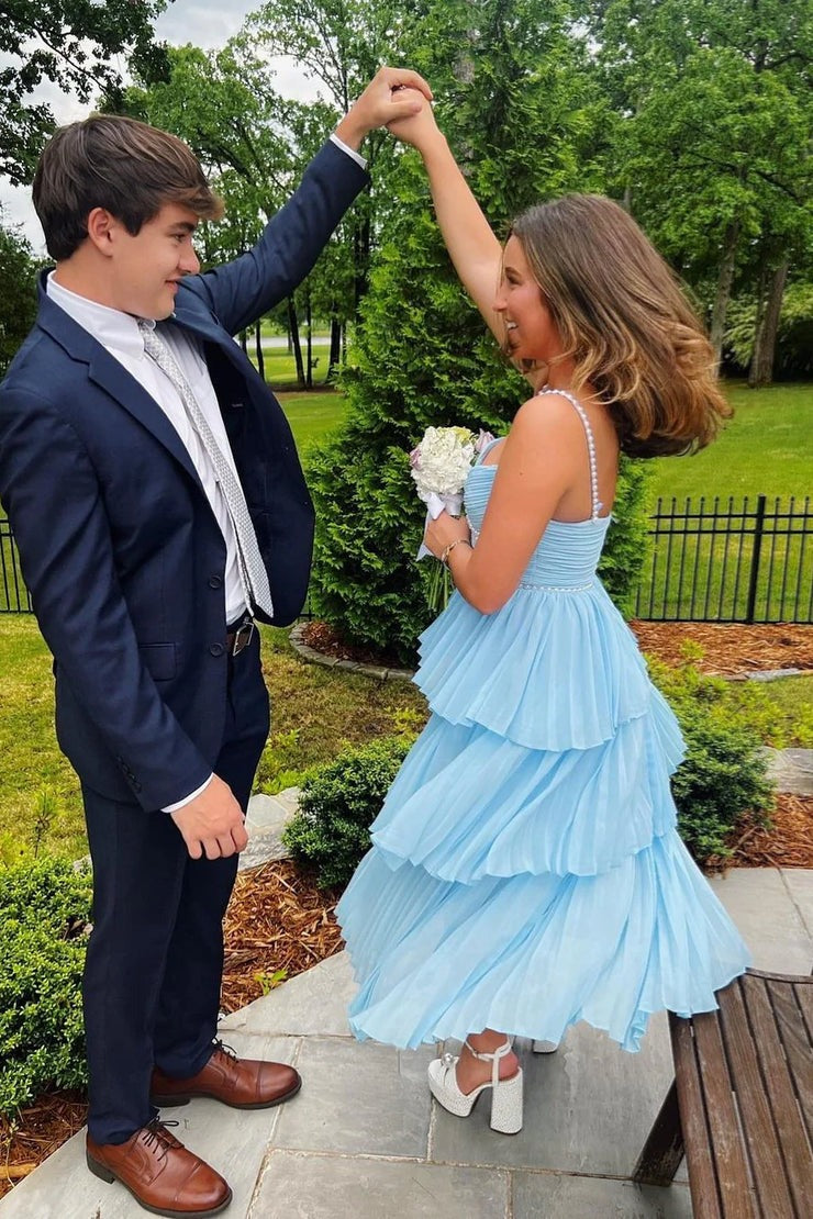 A Line Sweetheart Light Blue Pleat Chiffon Long Prom Dresses