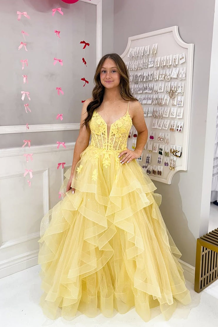 A Line V Neck Yellow Tulle Ruffled Prom Dresses