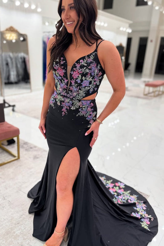 Mermaid V Neck Black Satin Embroidery Long Prom Dresses